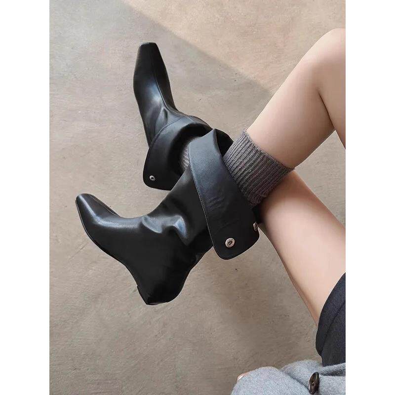 牛皮版~秋冬新款方头翻折两穿宽松套筒中筒靴气质小坡跟短靴女