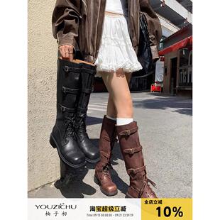 骑士靴女2025新款复古机车靴长筒马丁靴粗跟英伦风系带长靴