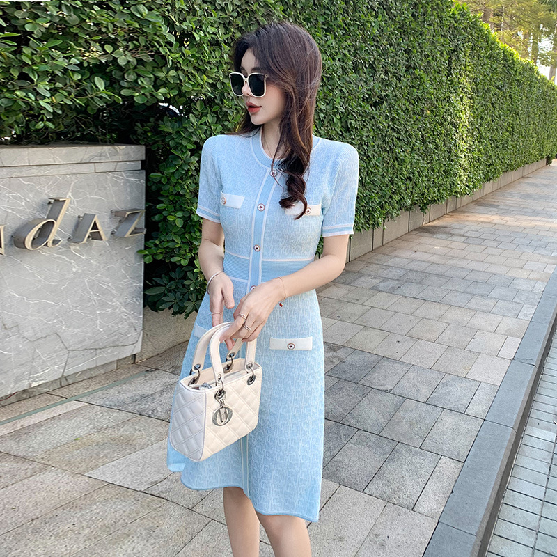 冰丝连衣裙女2025新款夏小香风修身显瘦气质女装短袖A字针织短裙