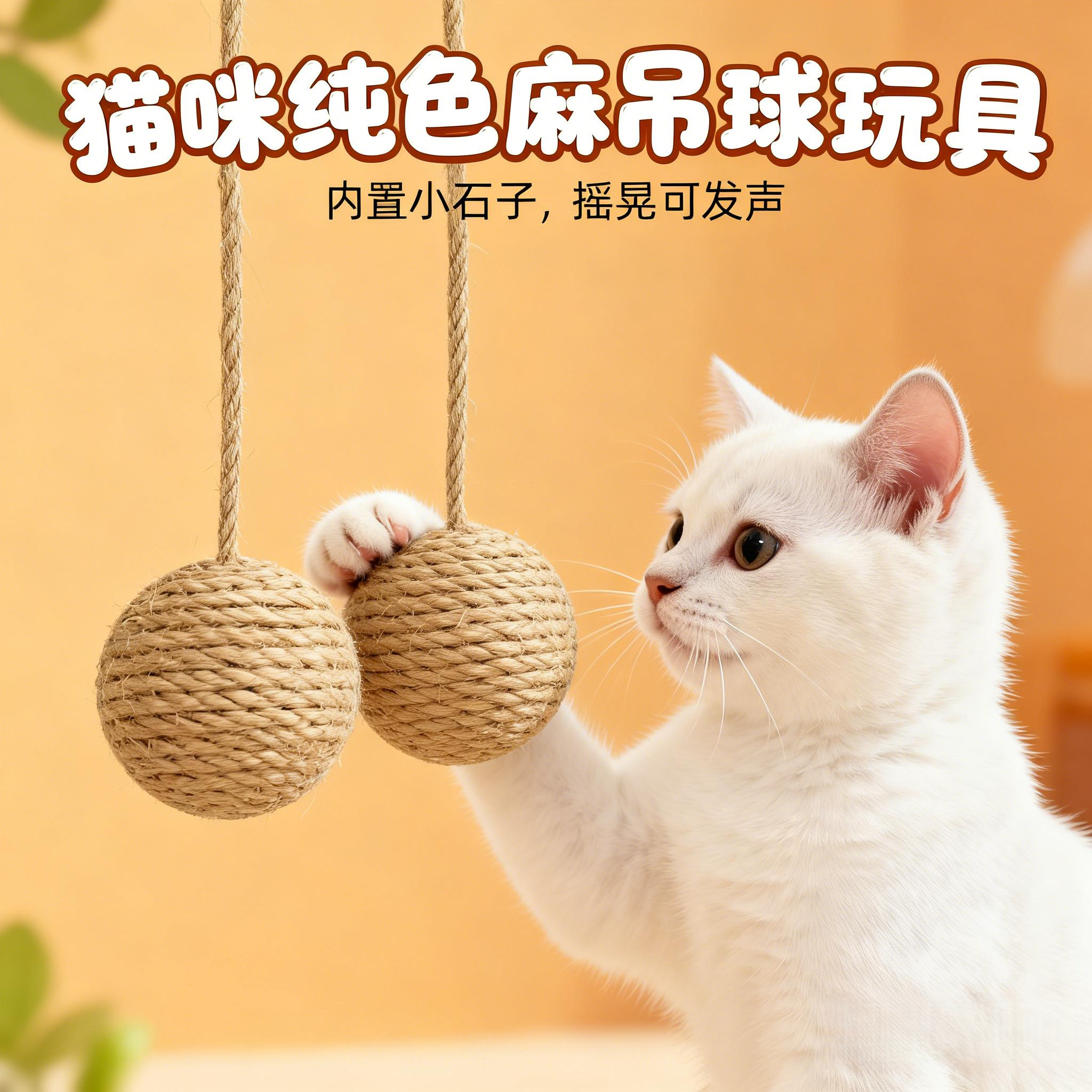 猫咪玩具剑麻绳球可悬挂响石自嗨解闷磨牙发声球带尾巴球宠物玩具