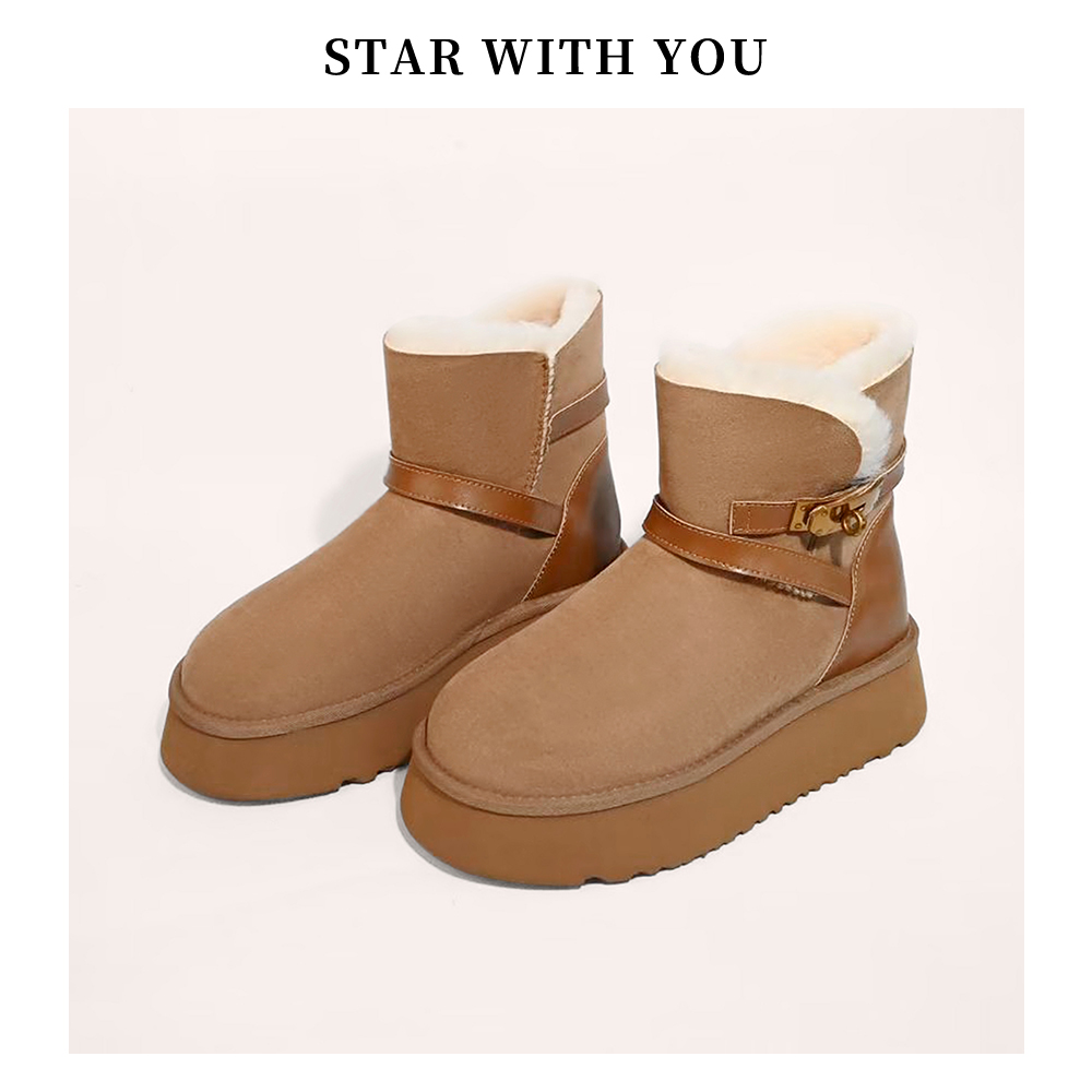 【STAR】百搭新款休闲时尚加厚保暖金属扣圆头韩系雪地靴4cm