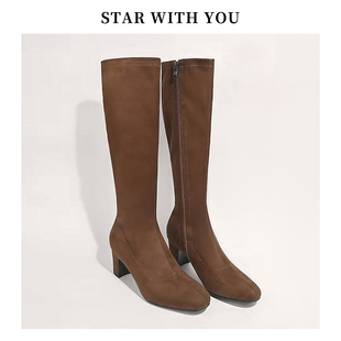 百搭粗跟简约极简显瘦弹力瘦瘦靴6cm 气质复古小方头时尚 STAR
