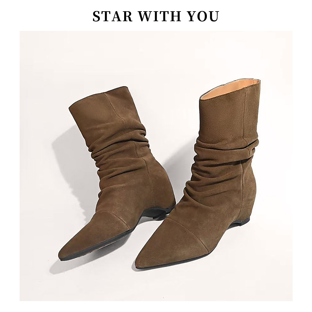 【STAR】复古尖头内增高褶皱美拉德小众高级感百搭堆堆靴5cm
