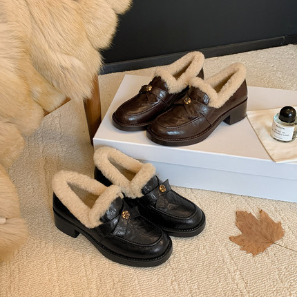 【STAR】法式复古山茶花加绒圆头厚底百搭英伦风保暖乐福鞋4.5cm