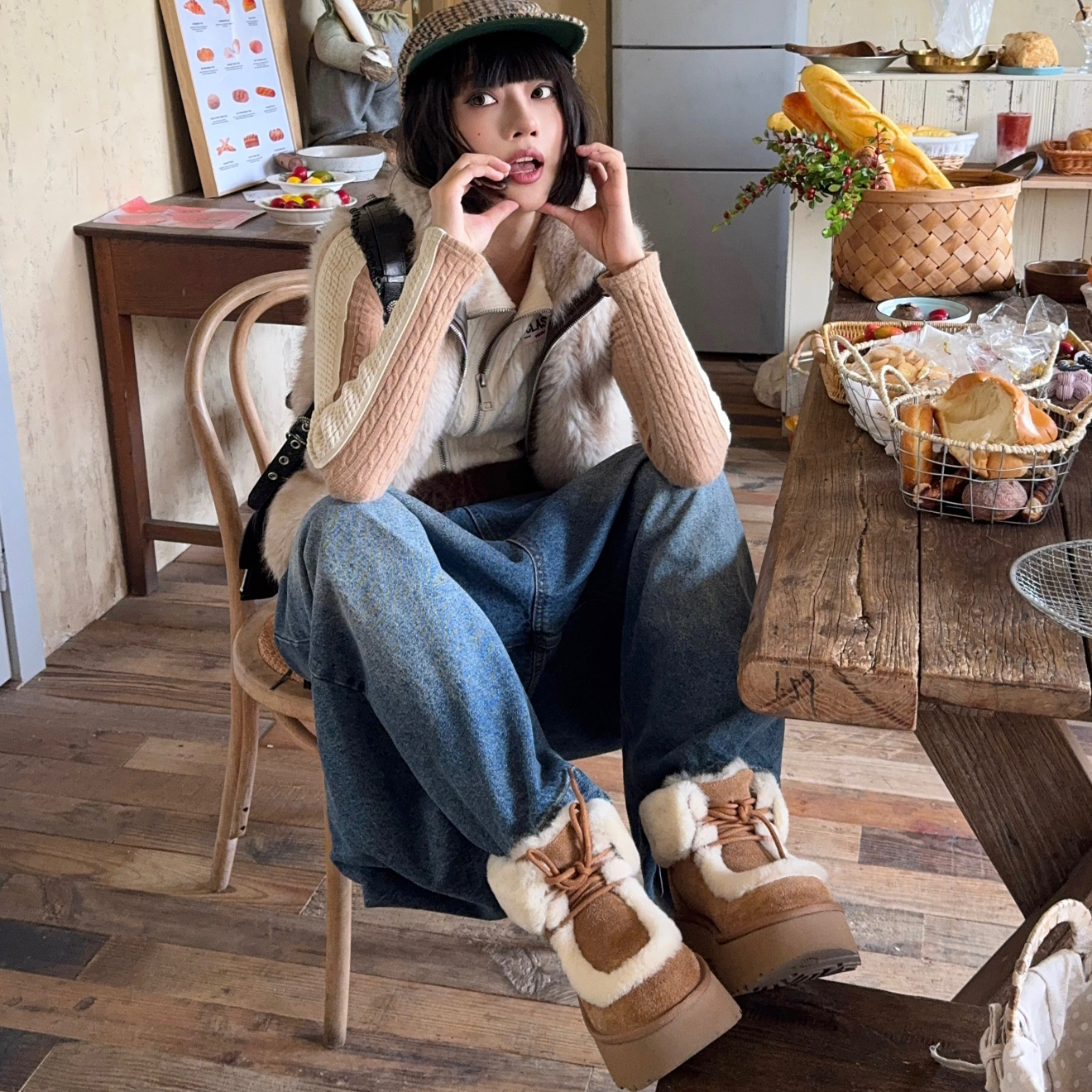 【STAR】新款毛毛系带厚底增高保暖休闲百搭时尚韩系雪地靴7cm