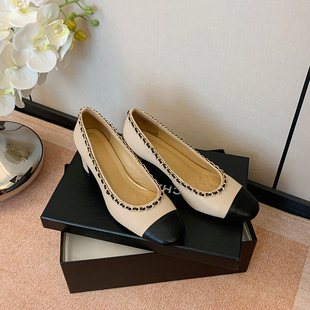 STAR 粗跟单鞋 法式 小香风链条新款 6cm 气质拼接编织百搭时尚