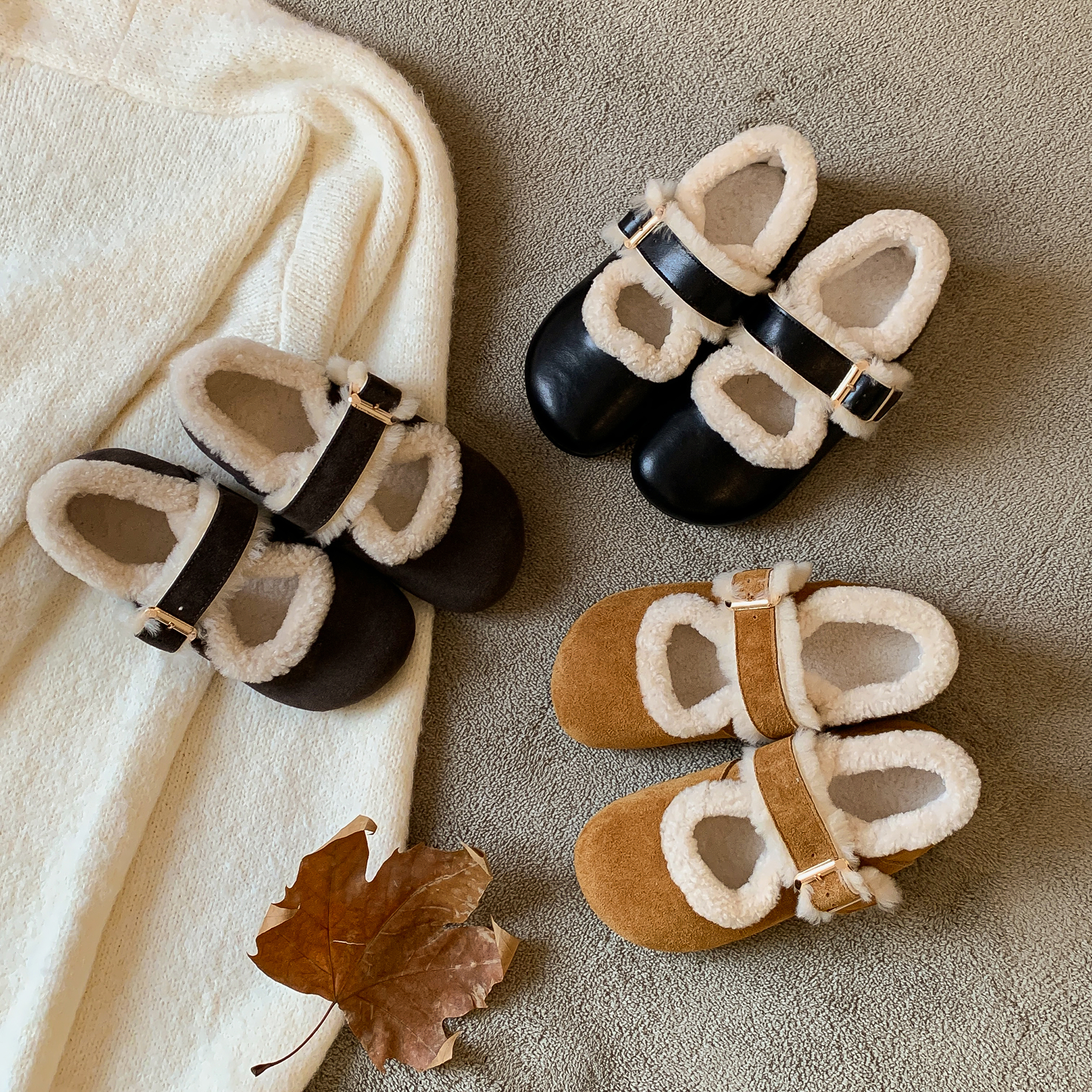 【STAR】小暖炉厚绒玛丽珍毛毛鞋一字带保暖平底棉鞋3cm