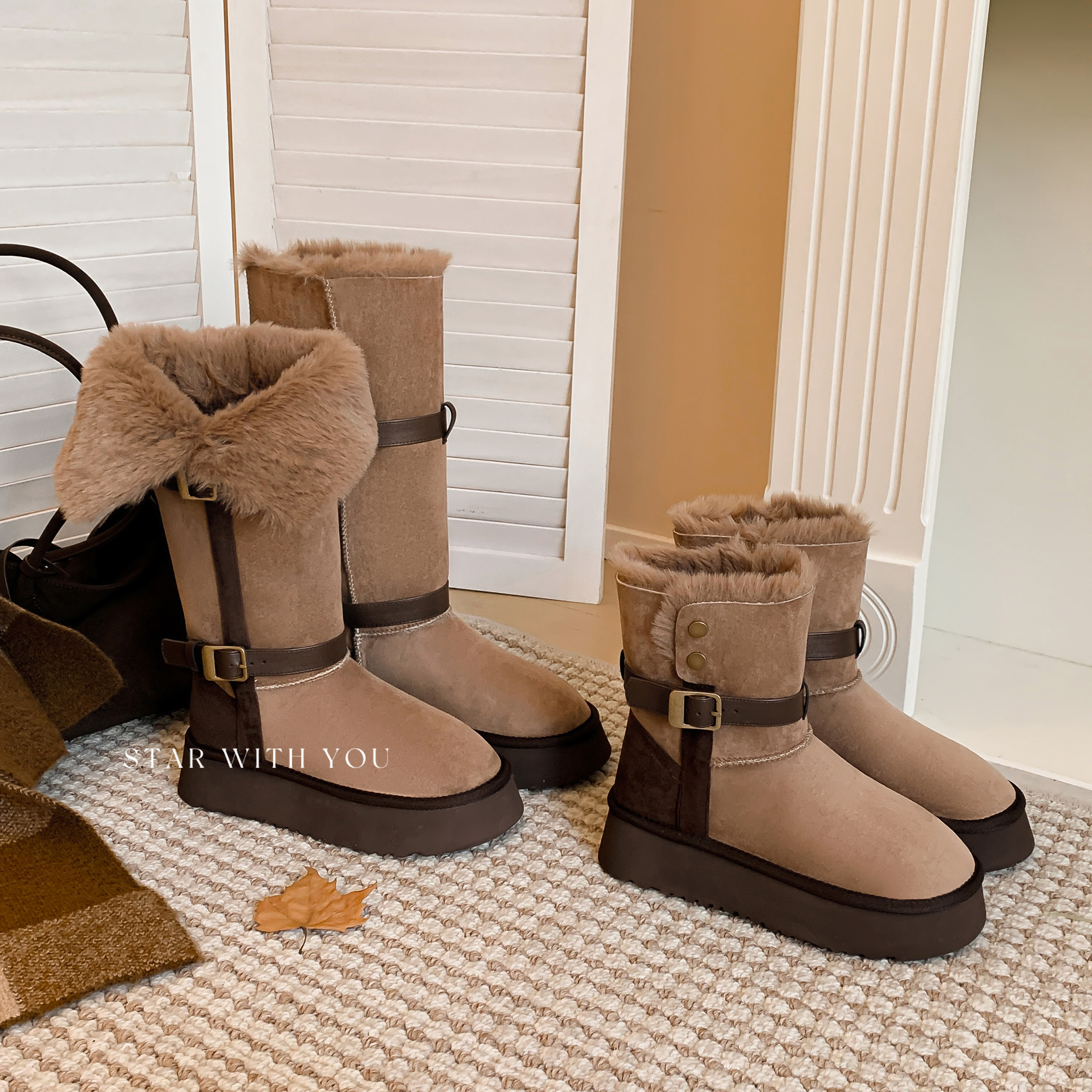 【STAR】翻边厚底韩系新款加绒加厚百搭时尚皮带扣骑士雪地靴4cm