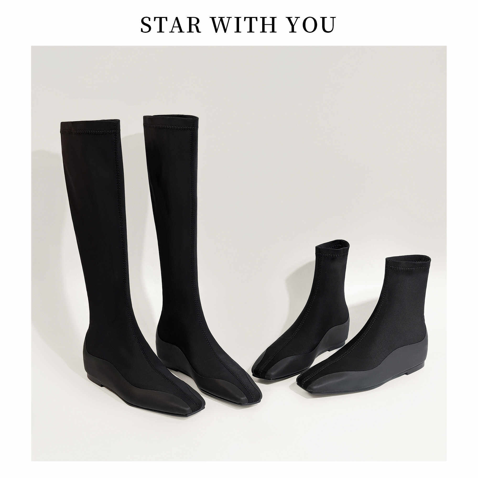 【STAR】极简风方头弹力莱卡包腿巨显瘦瘦瘦靴内增高4cm平底1cm