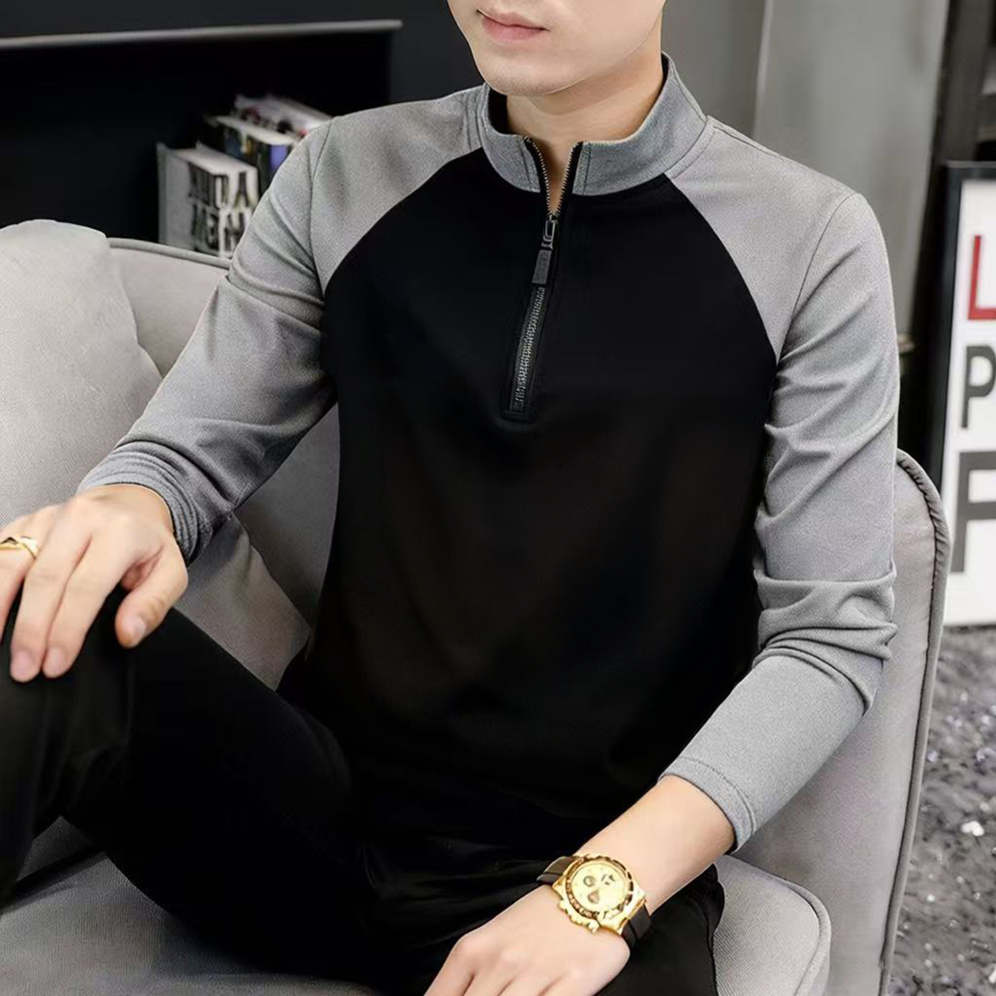 撞色打底运动t恤男半拉链训练服