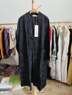 胸围120 特价 女风衣外套春秋 复古棉麻提花中长盘扣开衫 长120 清