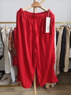 清 腰70 大红色顺滑缎面阔腿裤 臀围160长95 100 女宽松休闲裤 特价