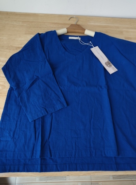 特价清/文艺蓝色V领宽松棉麻套头衫上衣女 胸围116 长62