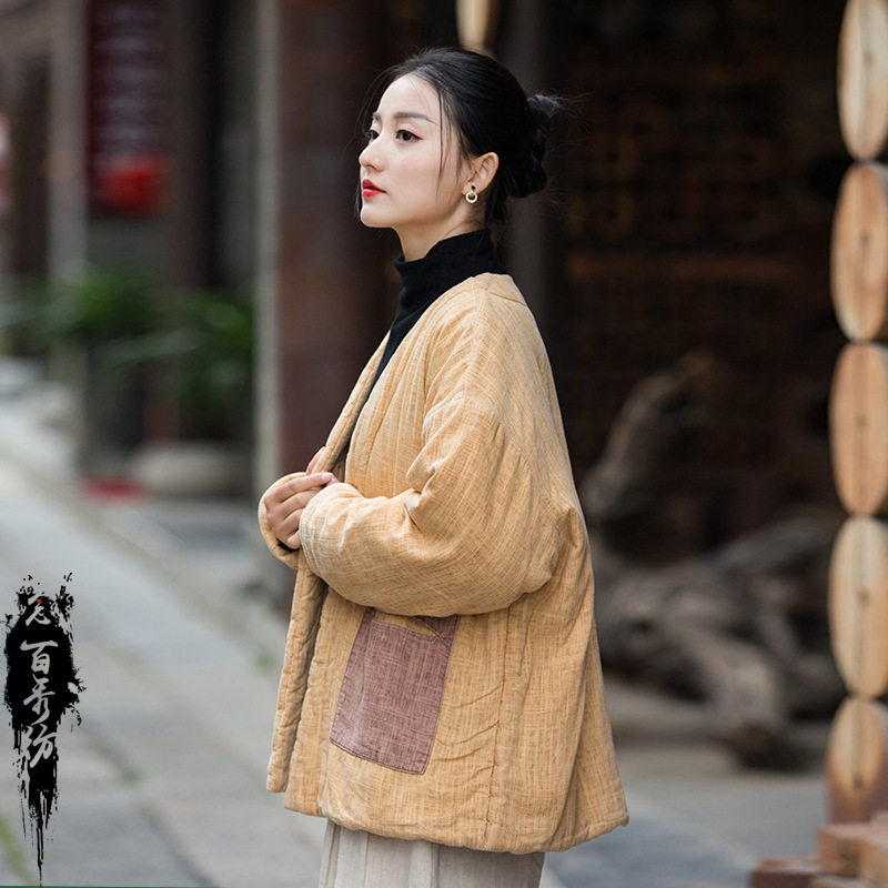 特价清/炒色亚麻国风中式棉衣棉服女冬宽松夹棉外套胸围124衣长66