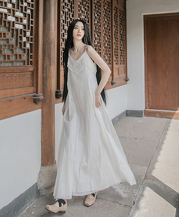 文艺清新素白连衣裙双层纯棉吊带裙春夏唯美旅拍大摆超仙女长裙子