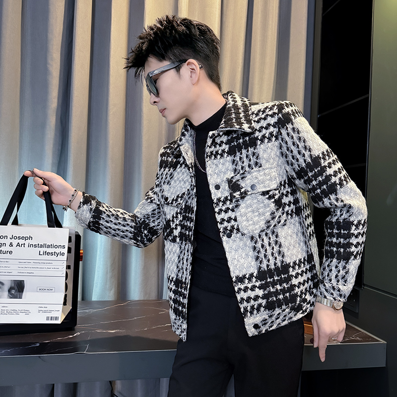 155矮个子160小码男装毛呢大衣XS号S秋冬季潮流格子翻领呢子夹克