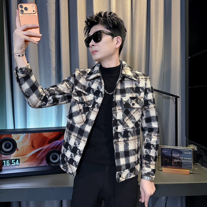 小码男装格子毛呢外套XS号S码秋冬季潮牌工装呢子大衣矮个子夹克