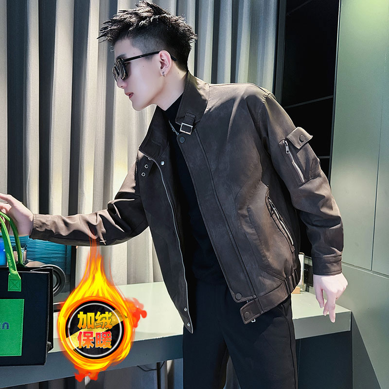 高级感扎染皮衣外套XS小码男装潮牌机车服秋冬季加绒加厚立领夹克