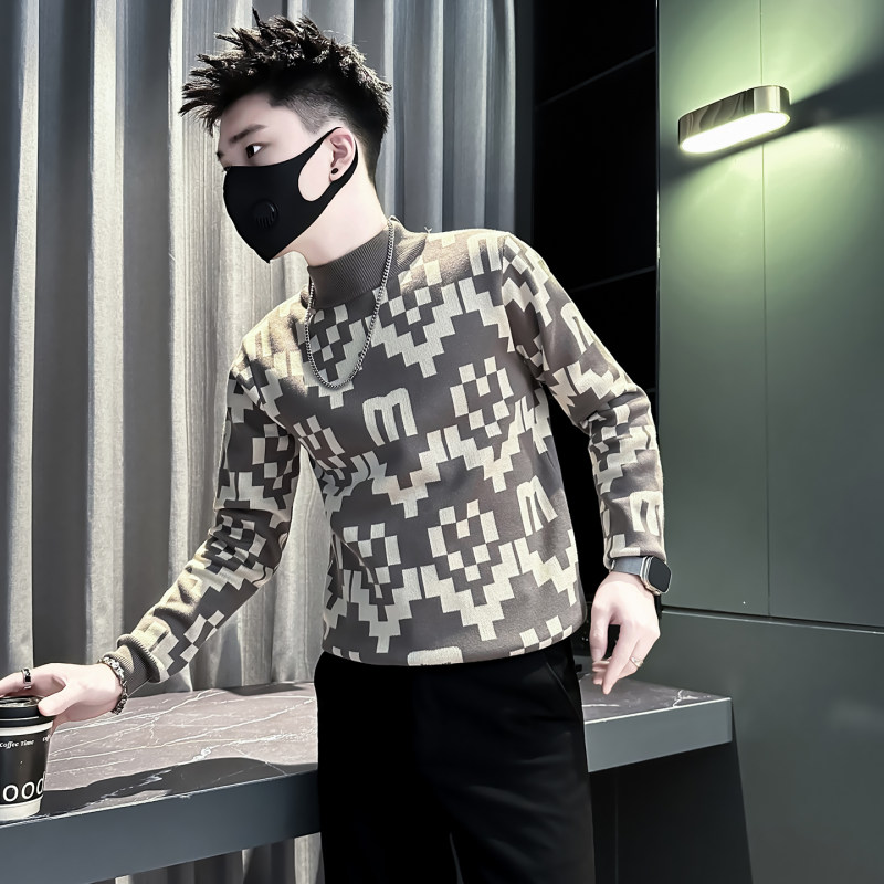 秋冬季提花毛衣XS小码男装痞帅修身内搭线衣矮个子半高领针织衫S