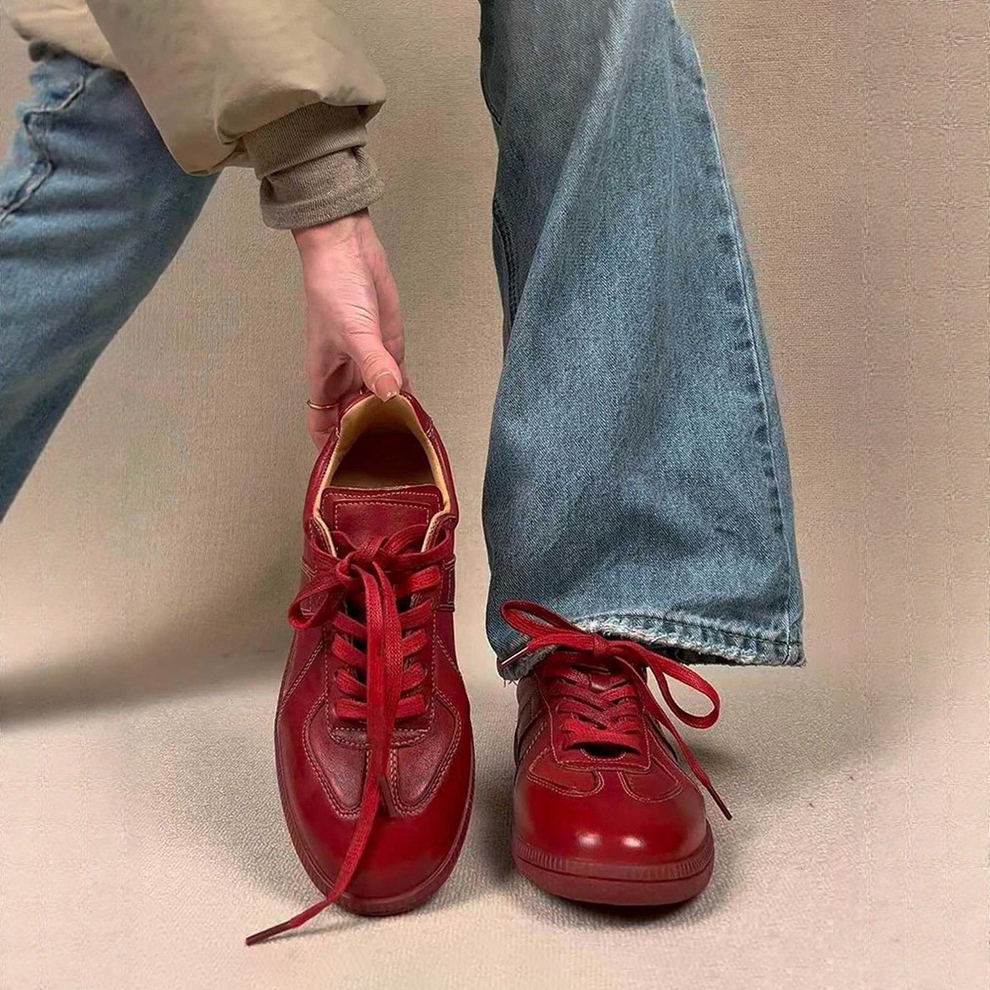 羊皮版~复古红软底运动风德训鞋系带深口平底舒适百搭休闲鞋板鞋,女鞋,时尚休闲鞋,淘宝优惠券,粉丝福利购,淘宝优惠卷