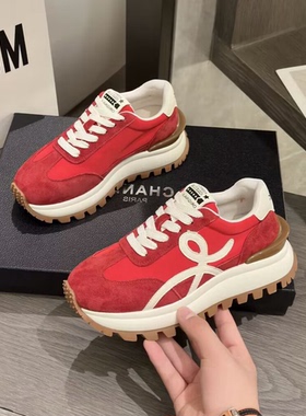 小蛮腰红色阿甘鞋女2026春秋新款真皮爆款女鞋厚底休闲运动老爹鞋