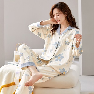 保暖家居服舒适柔软女士宽松可外穿套装 开衫 长袖 纯棉睡衣女春秋季