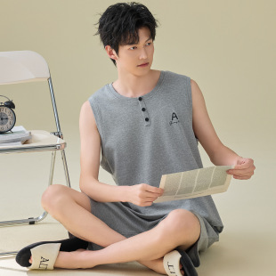 夏季 家居服套装 背心套装 夏天男生无袖 可外穿 短裤 100%纯棉睡衣男士