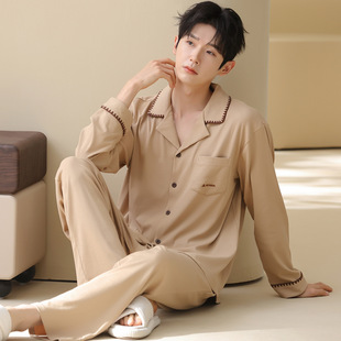 睡衣春秋季 简约外穿彩棉男款 开衫 2026新款 套装 长袖 家居服大码 男士