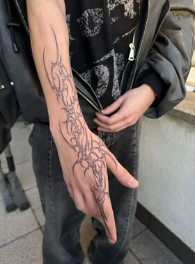 暗黑哥特风创意手臂纹身贴个性潮流黑色线条荆棘纹身贴纸持久时尚