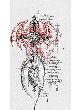 红色凤凰涅槃重生主题纹身手稿插画设计个性时尚持久纹身贴纸