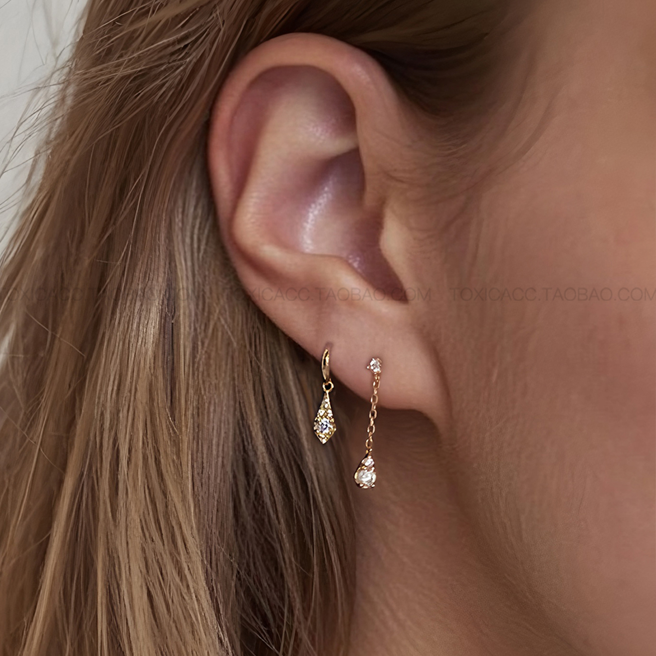 「朝露」TOXIC设计师款金色镶钻水滴925银迷你精致链条吊坠耳钉