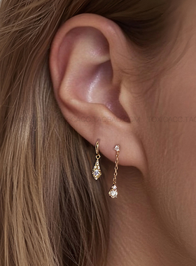 「朝露」TOXIC设计师款金色镶钻水滴925银迷你精致链条吊坠耳钉