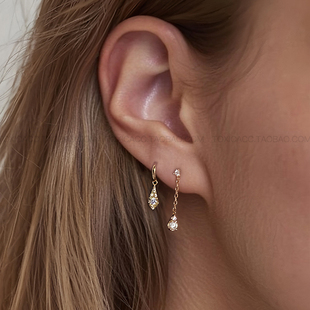 「朝露」TOXIC设计师款 金色镶钻水滴925银迷你精致链条吊坠耳钉