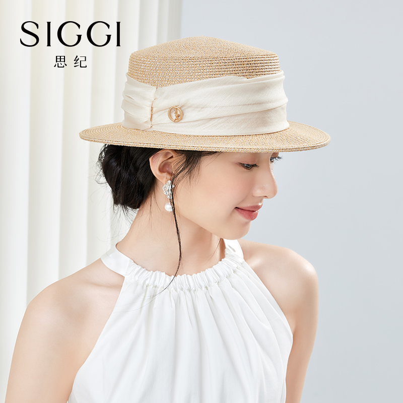 siggi 草帽女可折叠春夏短平檐遮阳帽时尚防晒帽子草编平顶太阳帽