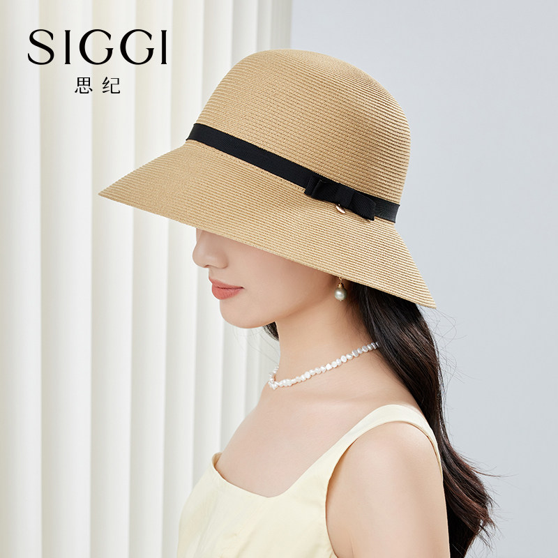 siggi 遮阳帽子女春夏简约蝴蝶结大檐草帽户外防紫外线草编防晒
