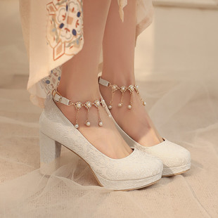 春 串珠国风汉服马面裙lolita旗袍女鞋 8.5CM超高跟性感40 46特大码