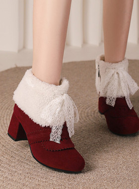 34-46特大码冬汉服可爱雪地靴高跟毛绒面复古lo雕花短COS春节中式