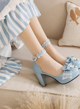 日系洛丽塔lolita包头串珠蓝色高跟凉鞋蝴蝶结学生jk制服花嫁洋装