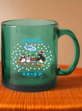 企鹅家族玻璃杯子中古杯高颜值日式绿色卡通呆萌广口杯耐热玻璃杯