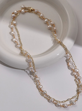 天然淡水珍珠项链14K注金贝壳