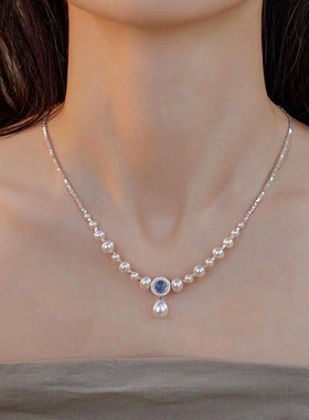 高级感小精致碎银子海蓝宝项链