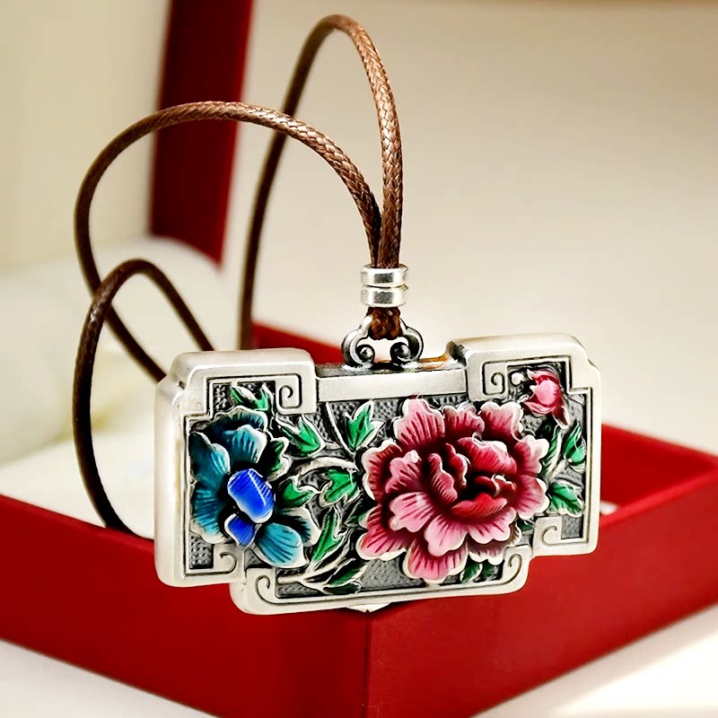 牡丹花开富贵长方形999足银吊坠银项链毛衣链纯银珐琅平安长命锁