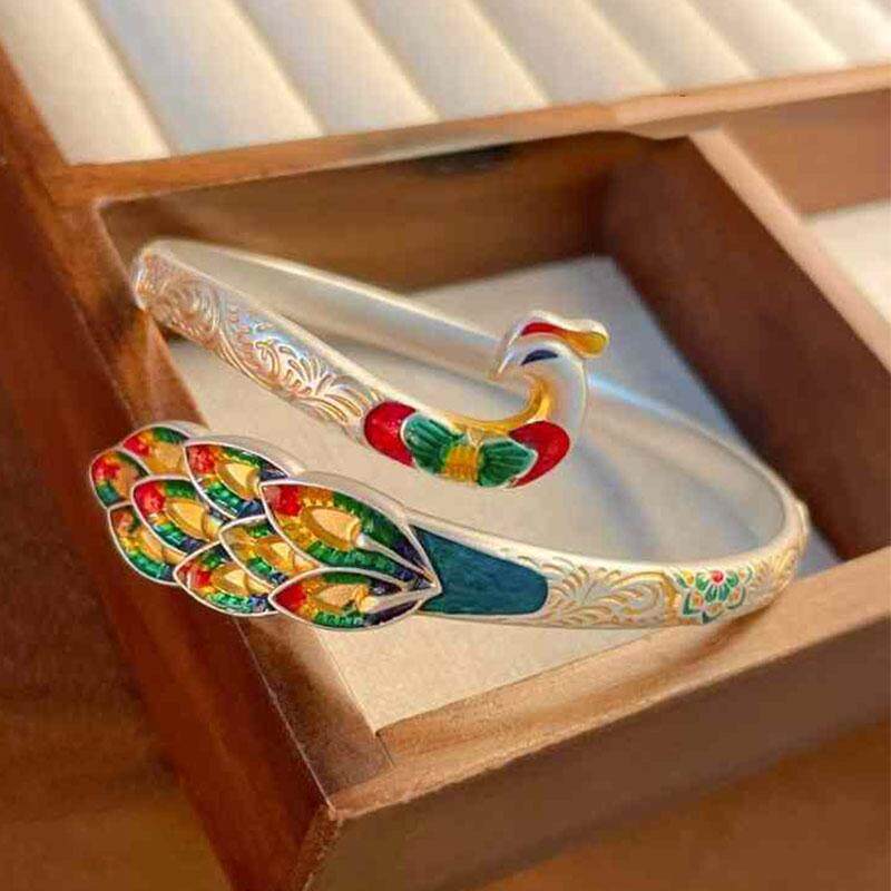 足银999.9纯银孔雀手镯女款个性民族风景泰蓝珐琅开口镯子送女友