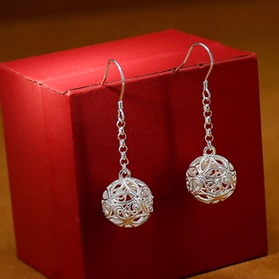 999纯银彩球耳环女足银镂空圆球耳坠长高级感简约款流苏圆形耳饰
