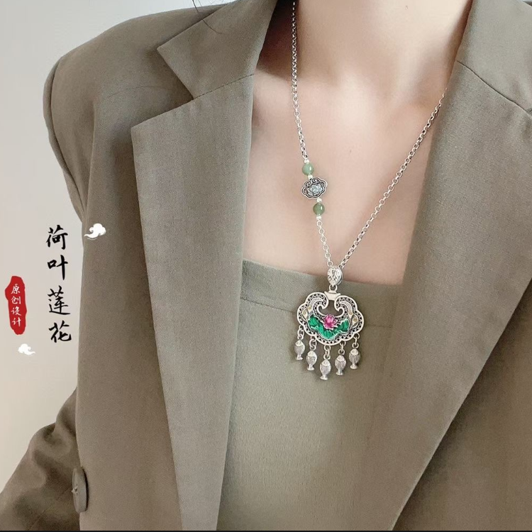 足银莲花流苏锁珐琅女纯银小鱼吊坠6.3克