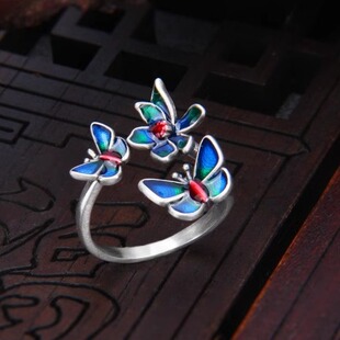 925纯银蝶恋花戒指女复古民族风开口指环个性时尚食指戒子尾戒