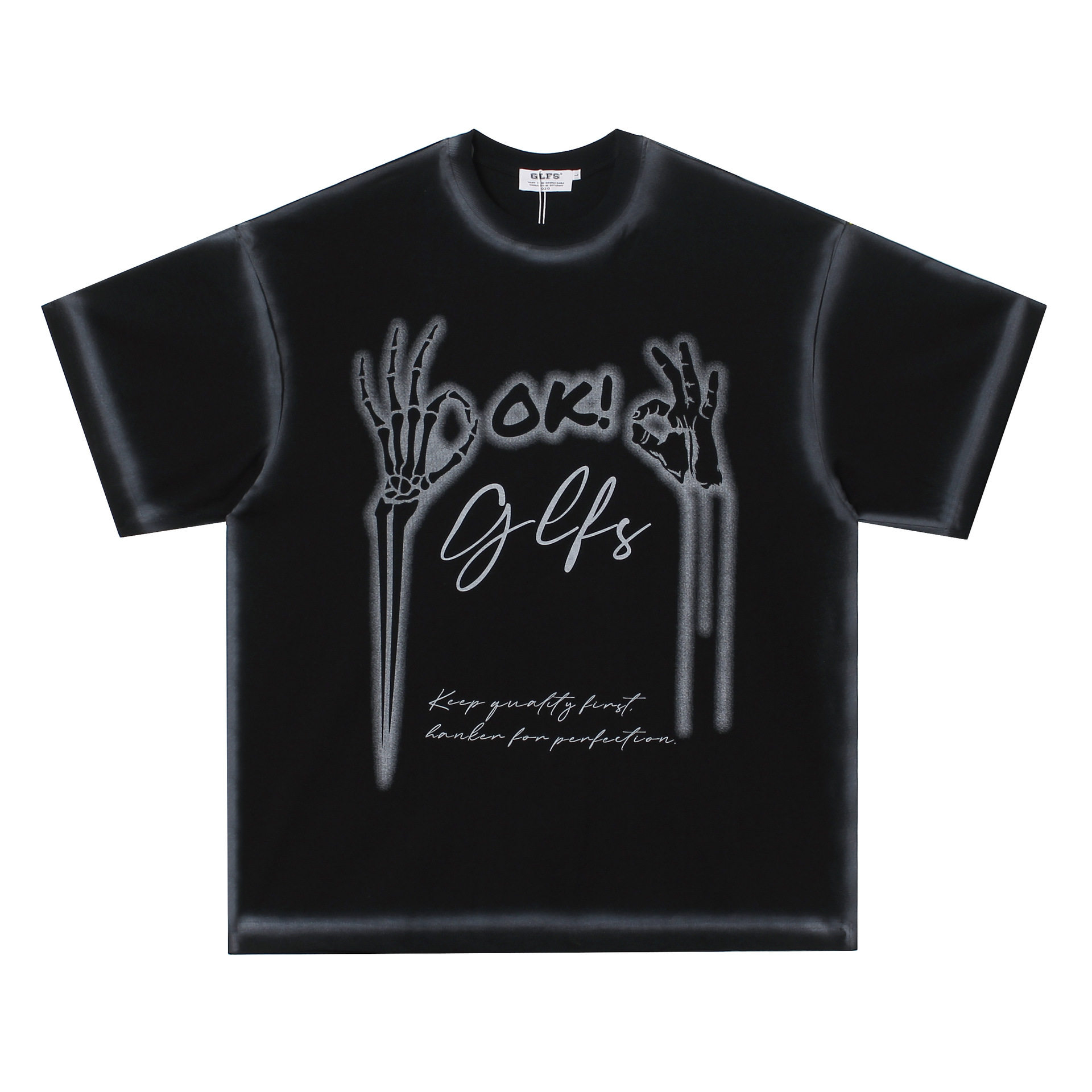 cb048|美式做旧水洗骷髅ok手势重磅短袖t恤男女街头宽松情侣半袖