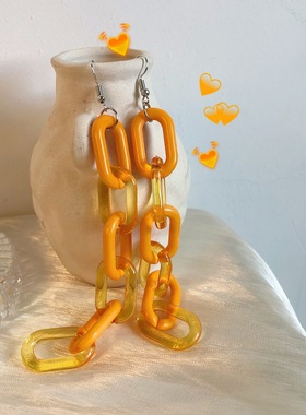 清新夏日活力橙色长款链条耳环夸张简约少女个性橘色半透明耳夹