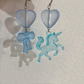 冰蓝薄荷 蓝色磨砂爱心蝴蝶结耳环小清新独角兽耳饰可爱少女耳夹