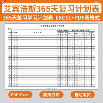 电子版艾宾浩斯365天学习复习计划表遗忘曲线英语单词考研记忆法